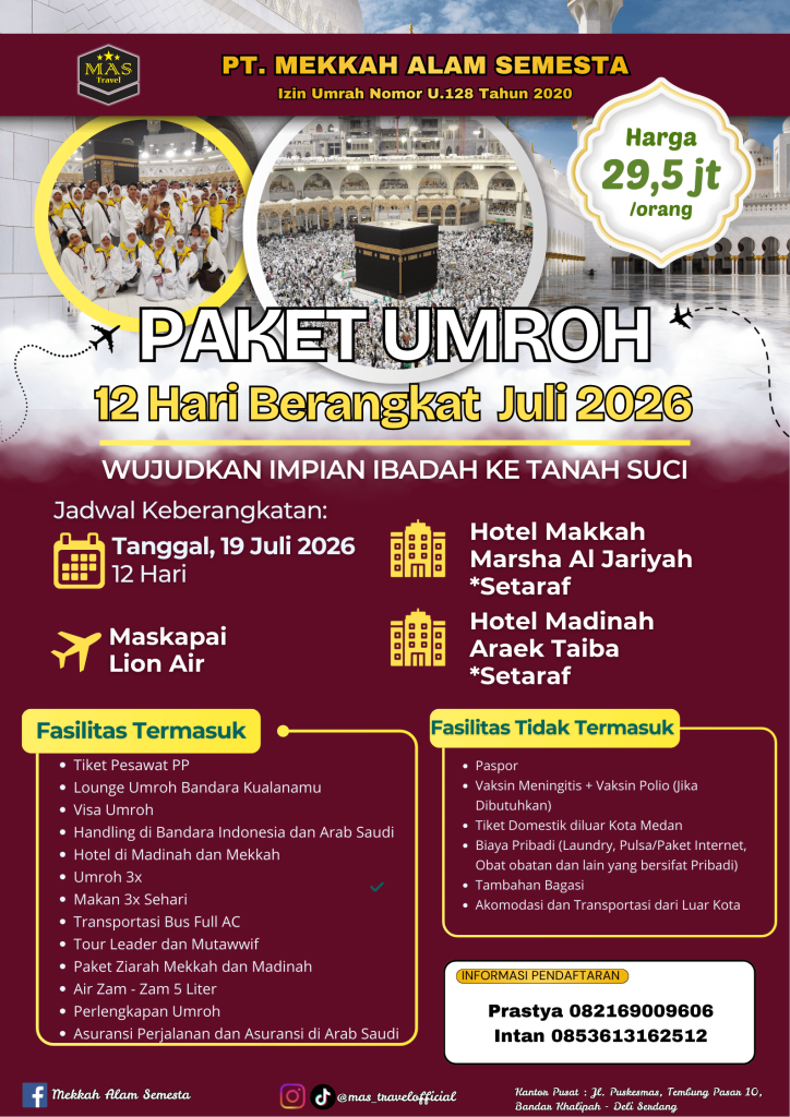 Umrah Mas Travel official Medan berangkat 19 juli 2026