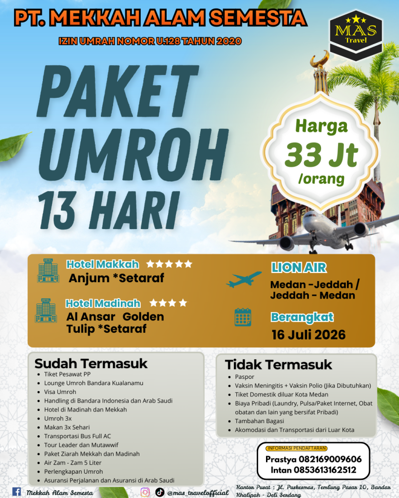 Umrah Mas Travel official Medan berangkat 16 juli 2026